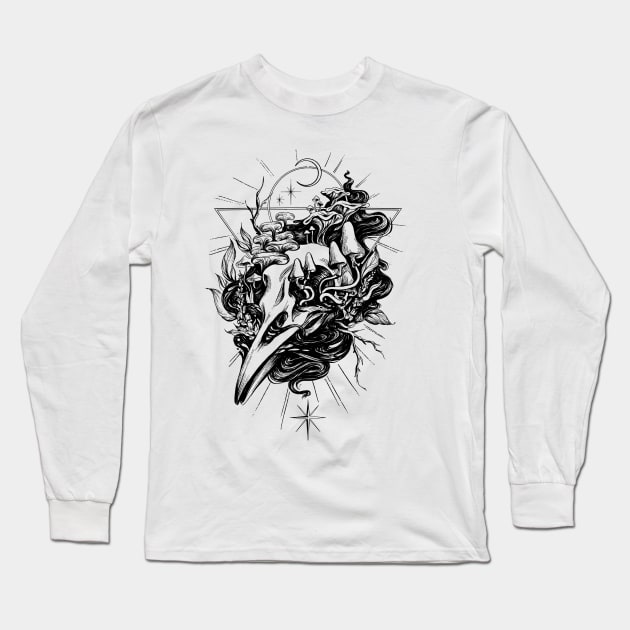 Cottagecore Aesthetic Skull, Mushrooms Aesthetic Long Sleeve T-Shirt by DRIPCRIME Y2K